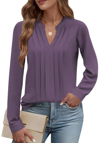 Cuptacc Bluse Damen Elegant V-Ausschnitt Oberteile Chiffon Business Outfit | Herbst,Frühling,Chiffon,Elegant,Casual,Lässige,Modern,Plissierte,Business,Einfarbig,Geblümt,Basic