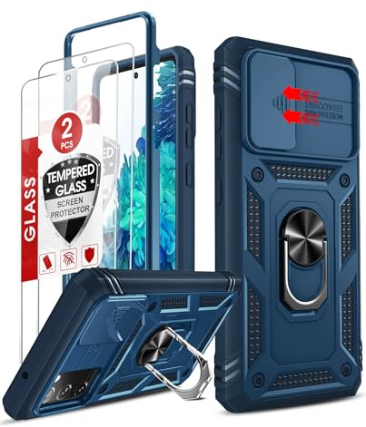 LeYi for Samsung Galaxy S20 FE Phone Case with Camera Cover Slider,DarkBlue | 2 Tempered Glass Screen Protector, Ring StHolder, 360 Full Body Tough Armour Cover Hard Heavy Duty Case for Samsung S20FE