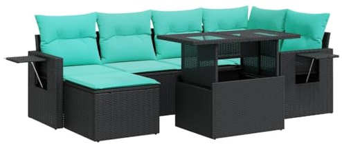 vidaXL 7 Piece Garden Sofa Set with Cushions Black Poly Rattan Acacia, outdoor sofa set, garden lounge set, poly rattan sofa set, patio sofa set