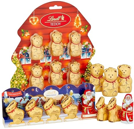 Lindt Chocolates Christmas Tree Decorations - Christmas Chocolate Bundle of Golden Teddy Bears 6 x 10g & Santa Sleigh 5 x 10g for Chocolate Hamper, Stocking Fillers, Chocolate Gifts for Kids
