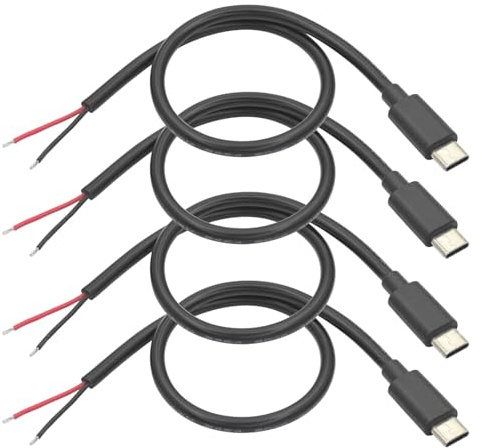 USB C Male to 2 Pin Bare Wire Open End Power Cord 5V/5A 11inch，4-Pack | for DIY Repair Replacement of USB C Equipment