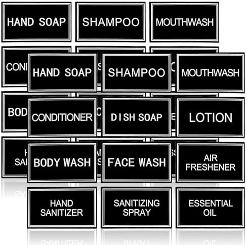 24PCS Waterproof Labels for Bottles Bathroom Hand Soap Dispenser Stickers for Plastic/Glass Bottles Soap Lotion Shampoo and Conditioner, Black