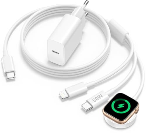 3 en 1 Cable USB C para Cargador Apple Watch, 60W Cable Multiple Cargador | 1.2M Cable Lightning Watch Charger con Enchufe USB C para iWatch 11/10/9/8/7/6/SE/5/Ultra,iPhone 17/16/15/14,AirPods,Samsung