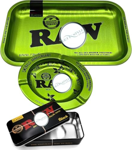 3-in-1 Tray Kit - Rolling Tray, Matching Ashtray & Black Storage Tin | Emerald Edition Smoking Accessories Bundled by GetInStyle Shop