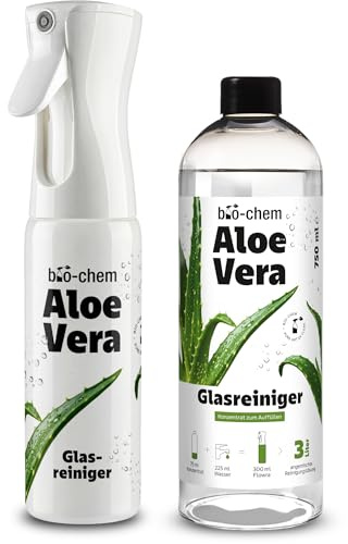 bio-chem Glasreiniger Konzentrat Aloe Vera mit Flowra Refill | Duftsprühflasche mit 750ml Refill | für Fenster, Spiegel, Glastische & Küchenfronten