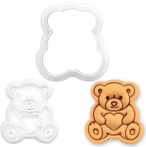 BAKERLOGY Teddy Bear with Heart Mini Cookie Cutter & Stamp Set – Cute Fondant Embosser, Cupcake Topper for Baby Shower, First Birthday, Valentine's Day Baking Decoration Tool