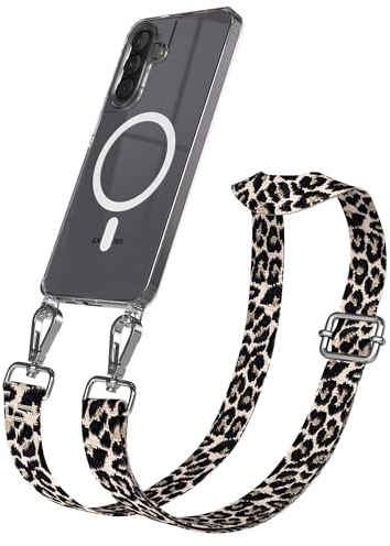EAZY CASE Handykette - Verstellbares Taschenband kompatibel mit Galaxy A57, Schulterriemen, Handykordel mit Silikon Hülle, Qi Charging kompatibel, Umhängetasche, Leo - Schwarz Beige Silber