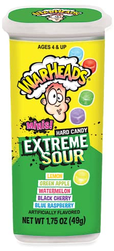Warheads Extreme Sour Mini Hard Candy Pack 18 x 49g - Packung mit 18 Einheiten Warheads | 5 Geschmacksrichtungen: schwarze Kirsche, grüner Apfel, Zitrone, Wassermelone und Heidelbeere.