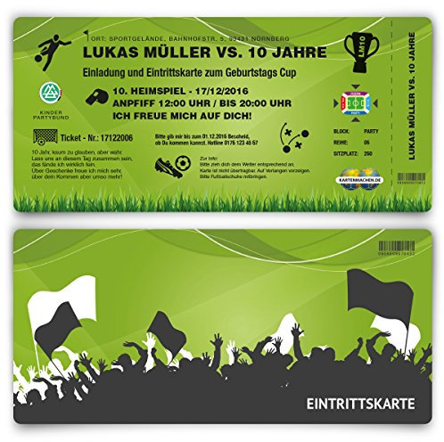 Kartenmachen.de Einladungskarten (10 Stück) zum Geburtstag für Kinder im Fußball Ticket Motiv - Grün