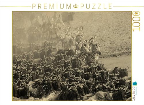 CALVENDO Puzzle Gnuwanderung in der Masai Mara im Vintage Look | 1000 Teile Lege-Größe 64 x 48 cm Foto-Puzzle für glückliche Stunden