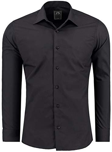 J'S FASHION Herren-Hemd - Slim-Fit - Langarm-Hemd Freizeithemd - Pflegeleicht Bügelleicht - 1-Schwarz XL