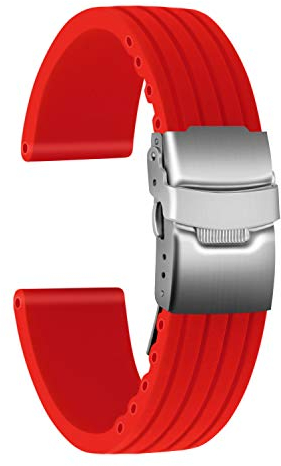 ULLCHRO Gummi Uhrenarmband Ersatzarmband Ersatz Kautschuk Armbanduhr Wasserfest Stripe Pattern - 16mm, 18mm, 20mm, 22mm, 24mm Uhrenband mit Edelstahl Faltschließe (22mm, rot)