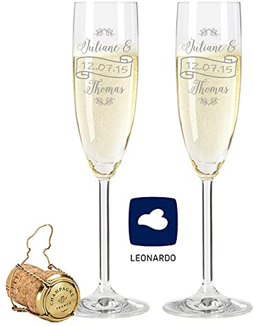 Leonardo Sektgläser mit Gravur Namen & Datum - Wedding Flowers Design - Geschenk zur Hochzeit, Verlobung Jahrestag - Personalisiert - das perfekte Hochzeitsgeschenk