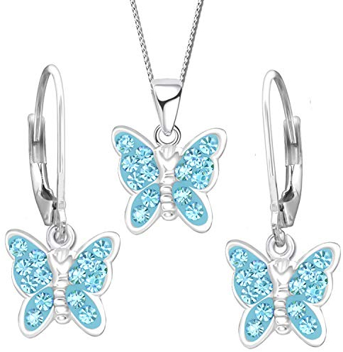FANTASTIC NAILS COSMETIC COLLECTIONS Mädchen Set echt 925 Sterling Silber mit Zirkonia Schmetterling Anhänger Halskette Ohrringe Creolen Kinder Türkis Brisur K659 + K660 + 40cm
