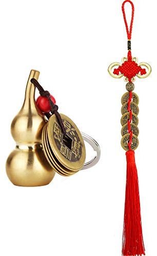 WILLBOND 2 Stück Chinesische Münzen Feng Shui und Messing Wu Lou Gesundheitsamulett Kürbis Schlüsselanhänger Chinesischer Knoten Glücksbringer Rote Schnur 2024 für Viel Glück Gesundheit Erfolg