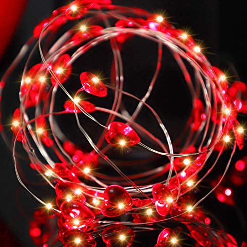 Annefly Red Heart Shaped Fairy String Lights Battery Powered with Flash 13FT 40 LEDs Valentine Day Love Heart Twinkle String Lights for Wedding Anniversary Mother's Day Party Decoration