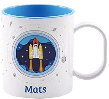 Striefchen® Bruchfeste Kindertasse mit Namen aus Kunststoff in Blau mit Motivauswahl Rakete