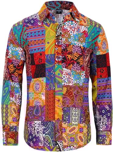 COSAVOROCK Mens Hippie 70s Shirt Hippy Funky Fancy Dress Floral Shirts L