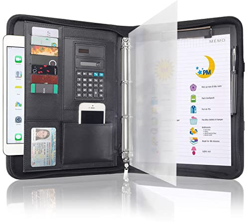 Portfolio Mappen für Männer und Frauen, Leder Padfolio, Business Planer, Notizbuch Organizer mit Reißverschluss und Rechnerhalter für Tablet, Dokumente, Karten, Notizbuch, Notizblock