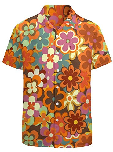 LARSD 80er Jahre Hemden für Herren 90er Jahre Button Up Hemd Vintage Retro Hawaii Strand Hemd Neon Disco Shirt Lustiges Partyhemd, Hippie-Blumenmuster, 3X-Groß
