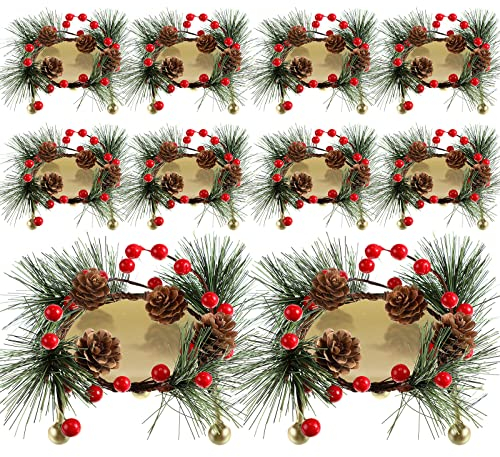 20 Stück Mini Weihnachtskranz Weihnachten Kerzenhalter für Stumpenkerzen, 10 Stück Votivkerze Beeren Ring mit Tannenzapfen und 10 Stück Metall Kerzenhalter für Hochzeit Weihnachten Party Dekoration