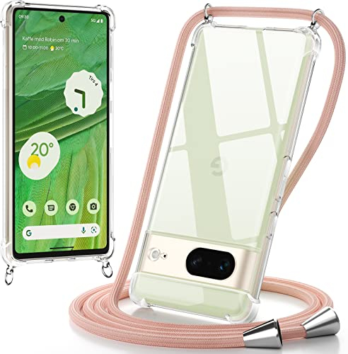 caslord Coque pour Google Pixel 7 avec Cordon de Collier,Coque avec Cordon Google Pixel 7 Transparent TPU Bumper Housse Coque Collier RéglableTéléphone Portable Lanyard Case Google Pixel 7,Gold Pink