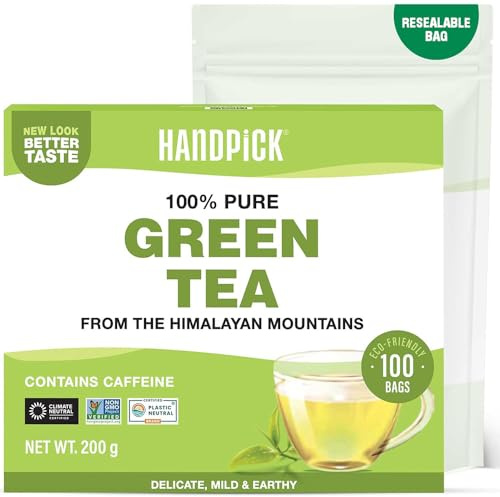 HANDPICK, Green Tea Bags - 100 Tea Bags | Gluten Free & 100% Pure Green Tea | Round Green Teabags, No Adhesive, No Bleach, No Strings | Brew Hot/Kombucha Tea or Cold Brew