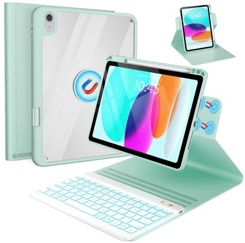BLUTLOTUS Étui clavier pour iPad (A16) 11{^>e<^} 10e génération, coque magnétique rotative à 360° avec clavier amovible rétroéclairé sans fil 7 couleurs avec porte-crayon pour iPad (A16) 11{^>e<^} 11
