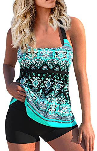 VêTements Maillot De Bain Maillot de Bain Deux pièces pour Femmes Maillot de Bain Tankini Vintage imprimé hawaïen pour Cacher Le Ventre et Short de Bain Taille Haute pour Nager(Cyan,XL)