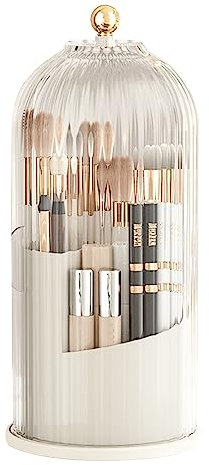 Qivine Makeup Brush Holder with Lid, 360 Rotatable Cosmetic Organiser with Makeup Bag, 3 Compartment Skincare Storage Box, Dustproof Cosmetics Storage Containers for Dressing Table, Drawer