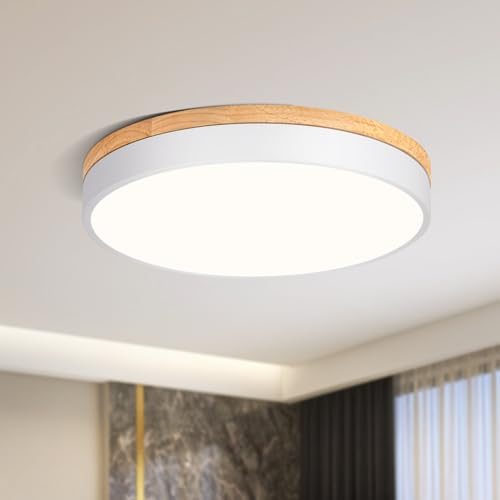Qamra LED Deckenleuchte, Deckenlampe Weiß 40cm, 36W Lampe mit Holz für Wohnzimmer Schlafzimmer Küche Flur Esszimmer 4000K
