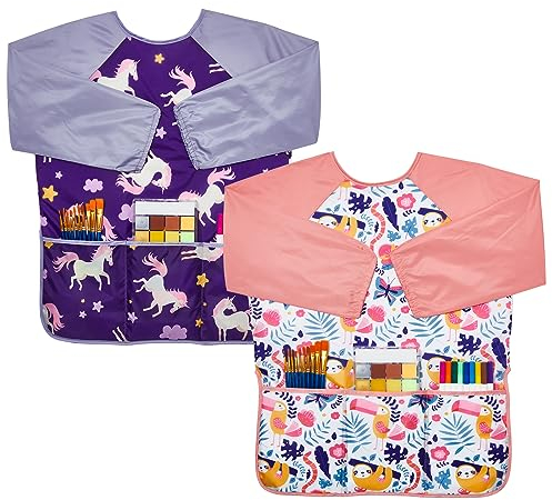 Lictin 2pcs Tablier Peinture Enfant, Imperméables Blouse Peinture Enfant, Tabliers pour Garçon avec 3 Poches, Convient aux Enfants de 3 à 8 ans, Idéal pour l'Art à l'École et la Cuisine