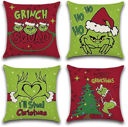 Ohok 4er Set Dekorativ Weihnachten Kissenbezug 45x45 cm, Polyester Leinen Zierkissenbezüge Kissenbezüge Dekor Kissenhülle Set für Wohnzimmer Schlafzimmer Sofa Couch Auto (Grinch Squad)