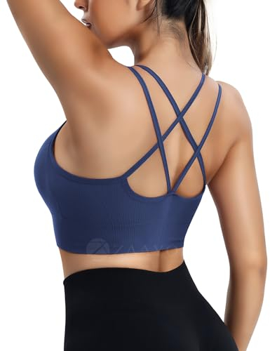ZAAYO Damen Sport BH mit Gepolstert Nahtlose Bra Cross Back Design Push up BH Sport Bra Top Fitness Lauf Joggen Yoga Marineblau S