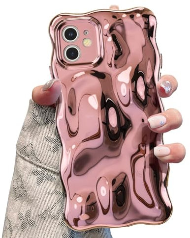 UEEBAI Case for iPhone 11, Cute Solid Color Curly Wave Shape Shockproof Soft TPU Bumper Phone Case, Candy Color Water Ripple 3D Silicone Slim Pretty Case Non-yellowing Cover - Rose Gold