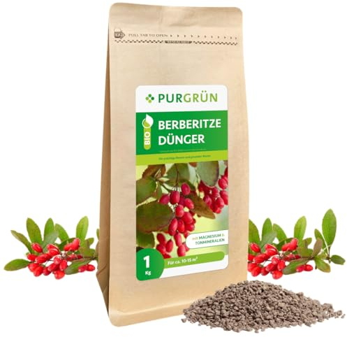 Purgrün® Bio-Berberitze-Dünger 1 kg– Organisch-mineralische Rezeptur – Feinkörniges Krümelgranulat – NPK 6+3+8 – Mit Magnesium für prächtige Beeren – Verbessert die Bodenqualität