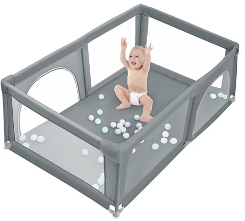 OHMG Laufstall für Babys, 180 x 150 x 66 cm, Laufgitter mit 50 Bällen, Laufstall für drinnen und draußen, Aktivitätszentrum, aus Oxford-Stoff, Dunkelgrau