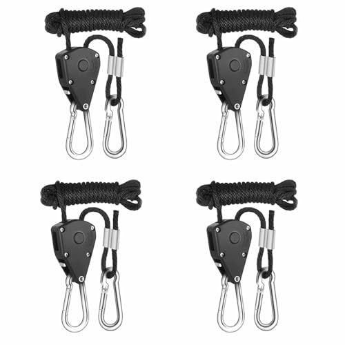 Confezione da 4 ganci a cricchetto, corda regolabile a cricchetto, 1/8 pollici, robusta clip per puleggia per gancio e tenda, portata 68 kg/150 lbs