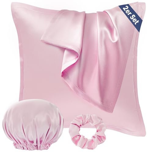 Seiwohl Satin Kissenbezug 40x40 2er Set, Weich wie Seidenkissenbezug Silk Pillowcase, Vegane Seide Kopfkissenbezug Kissenhülle Haarschutz für die Nacht mit Haargummi und Haarhaube, Rosa