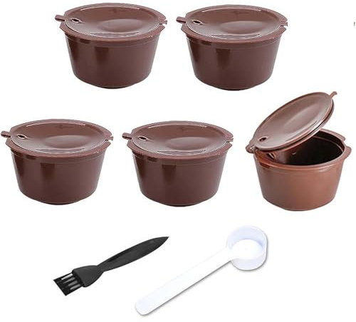 5 Packs Reusable Coffee Capsule Refillable Coffee Filters Coffee Capsule Cups with 1 Plastic Spoon and 1 Cleaning Brush Reusable Coffee Capsules Filter Cups Pods for Ground Coffee