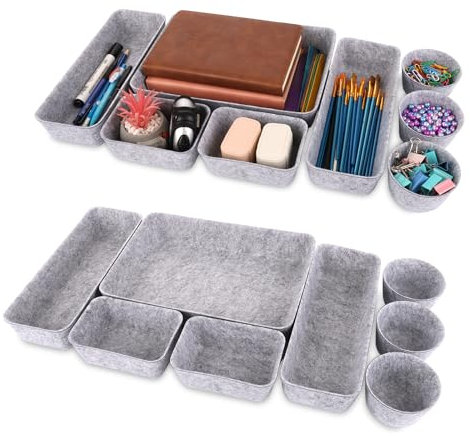 LOPYXBR 16 Stück Schubladen Organizer Filz, Schubladen Organizer Büro Filz Organizer Schublade, Filzkorb Schubladen Ordnungssystem für Schublade, Büro & Home-Hellgrau