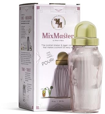 The MixMaster Cocktail Shaker with Strainer and Jigger Measuring Cap - Art Deco Leakproof Glass Drink Mixer for Crafting Cocktails - Innovative Home Bartending Supplies and Accessories - Pink