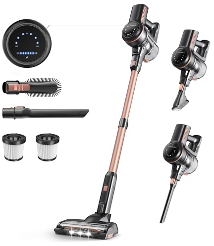 Aspirapolvere Senza Fili, Scopa Elettrica Senza Fili Potente 26Kpa 265W, 6 in 1 Aspirapolvere Leggero, 45Min Autonomia, Batteria Rimovibile, Luci LED, Aspirapolvere per Peli Animali Pavimenti Tappeti