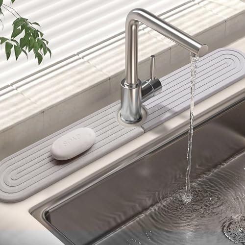 LeKuni Tapis pour Robinet De Cuisine 60x10cm- Tapis Evier Cuisine Anti-éclaboussures en Diatomite, Tapis D'évier Porte Eponge Plateau en Pierre Absorbant l'eau Et Séchant Rapidement -Blanc