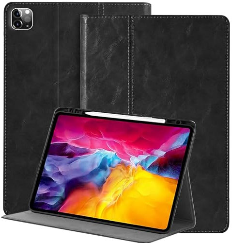 NANRUIL Hülle für Ipad Pro 12,9 Zoll 6./5./4./3.Gen 2022/2021/2020/2018 Echtes Leder Tablet Schutzhülle Case Cover,mit Stifthalter und Auto Wachen/Schlafen.Schwarz