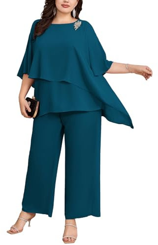 Hanna Nikole Damen Große Größen Zweiteiler Hosenanzug Fledermausärmel Cape-Ärmel Strass Lose Rundhals Chiffon Shirt Hohe Taille Elegant Blaugrün 54