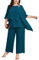 Hanna Nikole Damen Große Größen Zweiteiler Hosenanzug Fledermausärmel Cape-Ärmel Strass Lose Rundhals Chiffon Shirt Hohe Taille Elegant Blaugrün 54