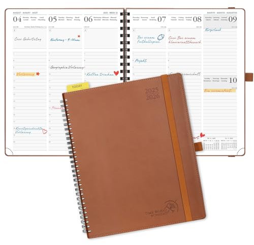 POPRUN Kalender 2025 2026 Wochenplaner (Aug.2025-Dez.2026) Ringbuch mit Softcover, ca. A4 (26,5 x 21,5 cm), 17-Monate-Terminplaner 1 Woche 2 Seite mit Zertifiziertem Papier - Braun