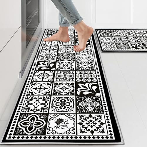 PQCXXA Lot de 2 Tapis Cuisine antidérapant Lavable,Tapis de Cuisine,Tapi cuisin antiderapant pour Couloir,Salle à Manger,Entrée et Tapis de Porte (D6, 43x150cm+43x75cm)