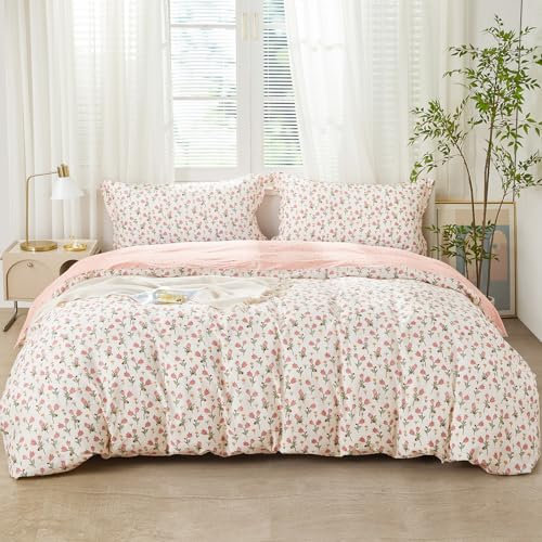 SAPHREAS Pink Bellflower Floral Duvet Cover Set 100% Cotton King Size 3pcs, Botanical Blossom Bedding Comforter Cover Set, 1 Duvet Cover 2 Pillow Shams, Comforter Not Included